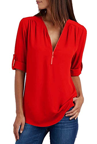 Damen Chiffon Blusen Elegante Reißverschluss Langarmshirts Bluse Tunika Oberteile T-Shirt V-Ausschnitt Tops A Rot L von ZIOOER