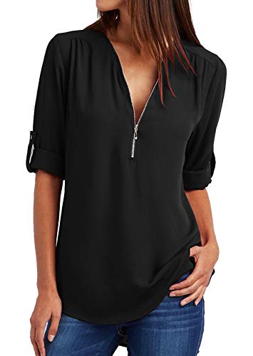 Damen Chiffon Blusen Elegante Reißverschluss Langarmshirts Bluse Tunika Oberteile T-Shirt V-Ausschnitt Tops A Schwarz 4XL von ZIOOER