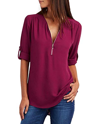 Damen Chiffon Blusen Elegante Reißverschluss Langarmshirts Bluse Tunika Oberteile T-Shirt V-Ausschnitt Tops A Weinrot 2XL von ZIOOER