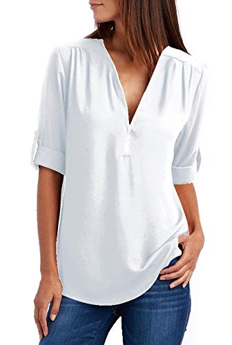 ZIOOER Damen Chiffon Blusen Elegante Reißverschluss Langarmshirts Bluse Tunika Oberteile T-Shirt V-Ausschnitt Tops A Weiß 4XL von ZIOOER