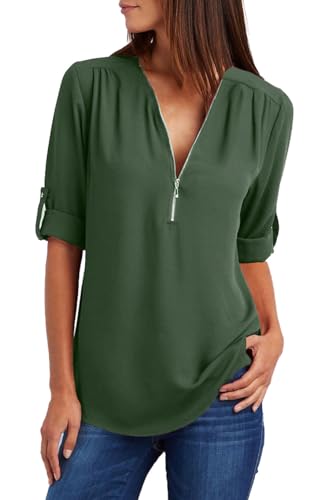 Damen Chiffon Blusen Elegante Reißverschluss Langarmshirts Bluse Tunika Oberteile T-Shirt V-Ausschnitt Tops ArmyGreen 3XL von ZIOOER