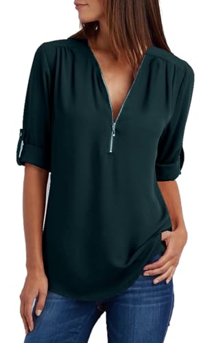 Damen Chiffon Blusen Elegante Reißverschluss Langarmshirts Bluse Tunika Oberteile T-Shirt V-Ausschnitt Tops Dunkelgrün 4XL von ZIOOER