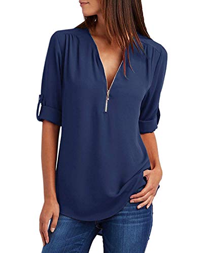 Damen Chiffon Blusen Elegante Reißverschluss Langarmshirts Bluse Tunika Oberteile T-Shirt V-Ausschnitt Tops Navy Blau XL von ZIOOER