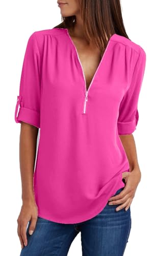 Damen Chiffon Blusen Elegante Reißverschluss Langarmshirts Bluse Tunika Oberteile T-Shirt V-Ausschnitt Tops Roserot 3XL von ZIOOER