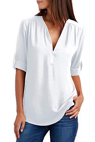 Damen Chiffon Blusen Elegante Reißverschluss Langarmshirts Bluse Tunika Oberteile T-Shirt V-Ausschnitt Tops Weiß 3XL von ZIOOER