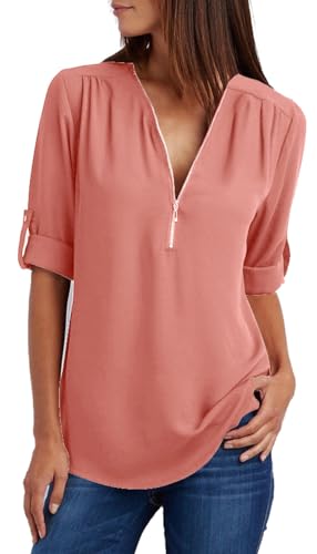 Damen Chiffon Blusen Elegante Reißverschluss Langarmshirts Bluse Tunika Oberteile T-Shirt V-Ausschnitt Tops Ziegelrot 3XL von ZIOOER