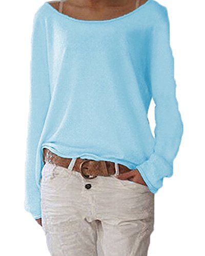 Damen Pulli Langarmshirts T-Shirt Rundhals Ausschnitt Lose Bluse Hemd Pullover Oversize Sweatshirt Oberteil Tops A Cyan S von ZIOOER