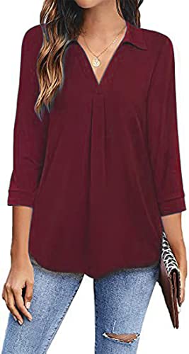 ZIOOER 3/4 Ärmel Tops für Damen V-Ausschnitt Blusen Slim Fit Tunika Longshirt Hemden A Weinrot XL von ZIOOER