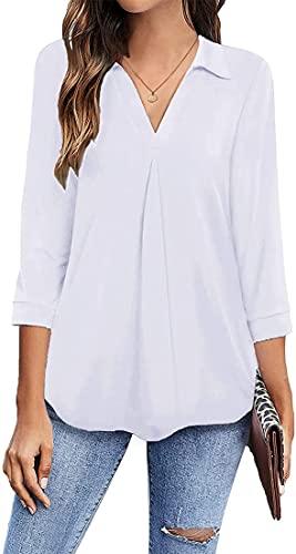 ZIOOER 3/4 Ärmel Tops für Damen V-Ausschnitt Blusen Slim Fit Tunika Longshirt Hemden Weiß S von ZIOOER