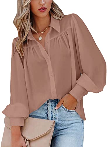 ZIOOER Bluse Damen Langarm Elegant Hemdbluse Einfarbig Geknöpftes Hemd V-Ausschnitt Leicht Atmungsaktiv Oberteile Tops Rosa XXL von ZIOOER