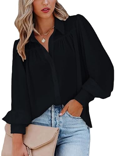 ZIOOER Bluse Damen Langarm Elegant Hemdbluse Einfarbig Geknöpftes Hemd V-Ausschnitt Leicht Atmungsaktiv Oberteile Tops Schwarz L von ZIOOER