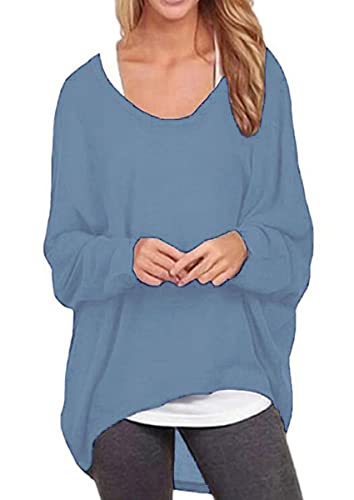 ZIOOER Damen Asymmetrisch Sweatshirt Langarm Fledermaushemd Puill Bluse Jumper Pullover Oversize Tops Cyan S von ZIOOER