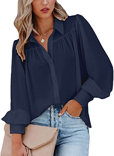 ZIOOER Damen Bluse V-Ausschnitt Hemdbluse Elegant Frühling Sommer Langarm Blusen Hemd mit Stehkragen Marineblau L von ZIOOER