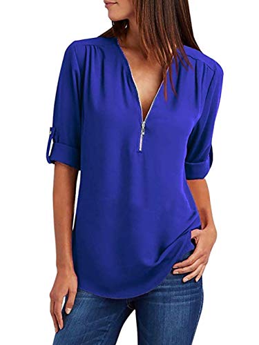 Damen Chiffon Blusen Elegante Reißverschluss Langarmshirts Bluse Tunika Oberteile T-Shirt V-Ausschnitt Tops A Blau 4XL von ZIOOER