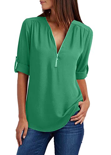 Damen Chiffon Blusen Elegante Reißverschluss Langarmshirts Bluse Tunika Oberteile T-Shirt V-Ausschnitt Tops Grün 5XL von ZIOOER