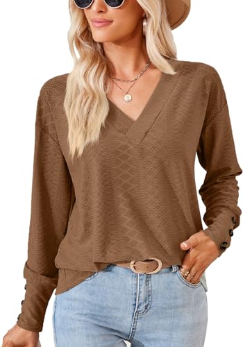 ZIOOER Damen Elegant Langarmshirt Tshirt V Ausschnitt Oberteile Jacquard Einfarbig Tunika Blusen Hemd Kaffee L von ZIOOER