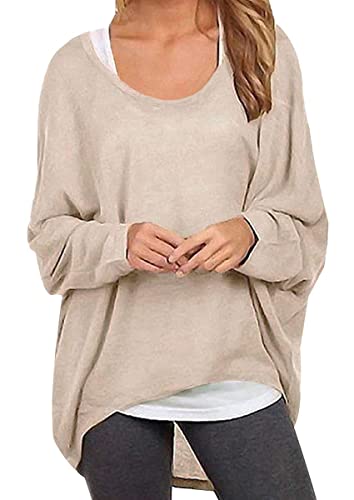 ZIOOER Damen Fledermausärmel Lose Asymmetrisch Jumper Bluse Langarmshirts Oberteil Hemd Pullover Oversize Tops Shirt Aprikose XXL von ZIOOER
