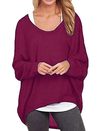 ZIOOER Damen Fledermausärmel Lose Asymmetrisch Jumper Bluse Langarmshirts Oberteil Hemd Pullover Oversize Tops Shirt Fuchsie XXL von ZIOOER