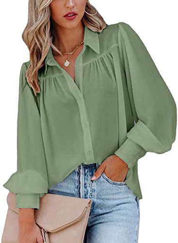 ZIOOER Damen Hemd Bluse Lässig Langarm Blusenshirt Elegant V-Ausschnitt Geknöpftes Hemd Hellgrün L von ZIOOER