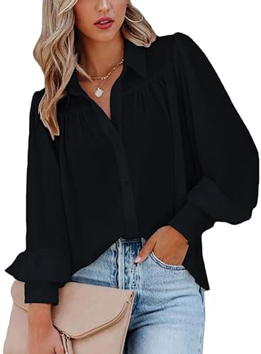 ZIOOER Damen Langarm Bluse Hemd Einfarbig Hemdbluse Lose Oberteile V-Ausschnitt T-Shirt Tops Langarmshirts A Schwarz XXL von ZIOOER