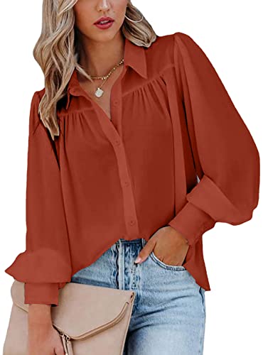 ZIOOER Damen Langarm Hemd Elegant V-Ausschnitt Bluse Leicht Atmungsaktiv Einfarbig Lose Blusen Button-Down Orange XL von ZIOOER