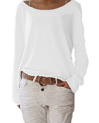 ZIOOER Damen Langarm T-Shirt Rundhals Ausschnitt Bluse Langarmshirts Hemd Pullover Sweatshirt Oberteil Tops Shirts C Weiß L von ZIOOER