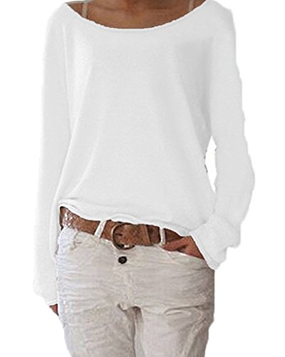 ZIOOER Damen Pulli Langarm T-Shirt Rundhals Ausschnitt Lose Bluse Langarmshirts Hemd Pullover Sweatshirt Oberteil Tops Shirts C Weiß XXL von ZIOOER