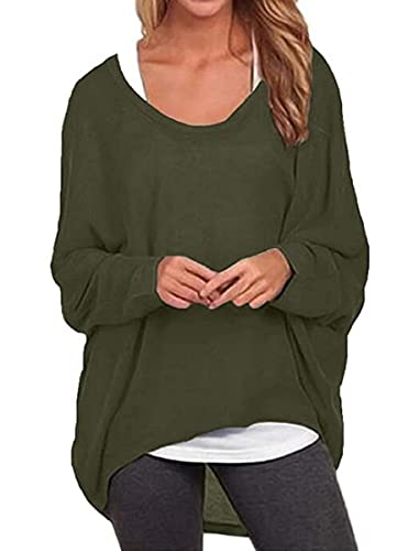 ZIOOER Damen Pulli Fledermausärmel T-Shirt Lose Asymmetrisch Jumper Bluse Langarmshirts Hemd Pullover Sweatshirt Oberteil Oversize Tops Armeegrün 3XL von ZIOOER