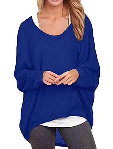 ZIOOER Damen Pulli Fledermausärmel T-Shirt Lose Asymmetrisch Jumper Bluse Langarmshirts Hemd Pullover Sweatshirt Oberteil Oversize Tops Dunkelblau M von ZIOOER