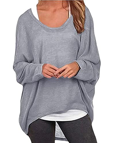 ZIOOER Damen Pulli Fledermausärmel T-Shirt Lose Asymmetrisch Jumper Bluse Langarmshirts Hemd Pullover Sweatshirt Oberteil Oversize Tops G1 Grau M von ZIOOER