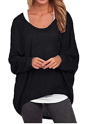 ZIOOER Damen Pulli Fledermausärmel T-Shirt Lose Asymmetrisch Jumper Bluse Langarmshirts Hemd Pullover Sweatshirt Oberteil Oversize Tops G1 Schwarz L von ZIOOER