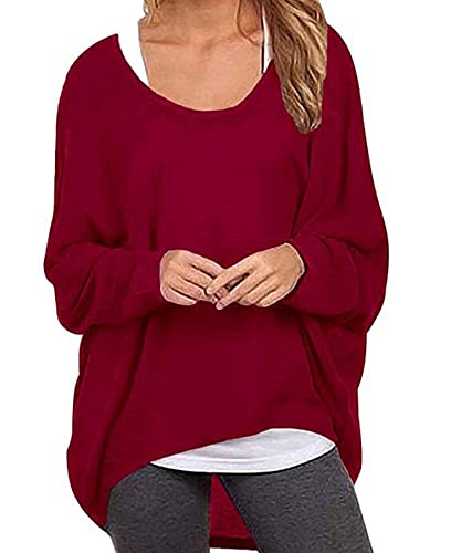 ZIOOER Damen Pulli Fledermausärmel T-Shirt Lose Asymmetrisch Jumper Bluse Langarmshirts Hemd Pullover Sweatshirt Oberteil Oversize Tops G1 Weinrot XXL von ZIOOER