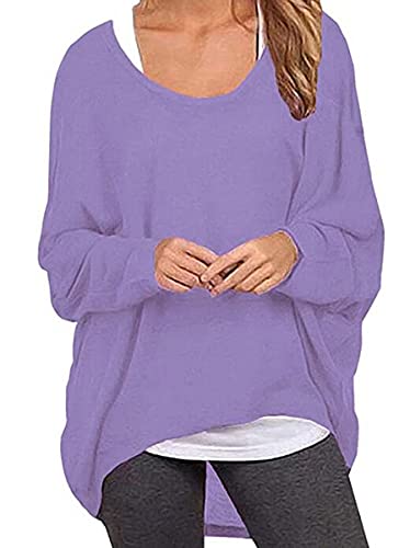 ZIOOER Damen Pulli Fledermausärmel T-Shirt Lose Asymmetrisch Jumper Bluse Langarmshirts Hemd Pullover Sweatshirt Oberteil Oversize Tops Helles-Lila XXL von ZIOOER