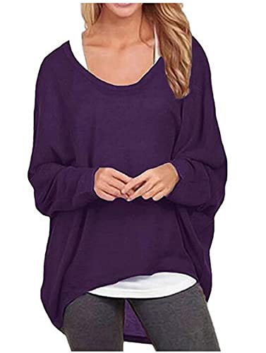 ZIOOER Damen Pulli Fledermausärmel T-Shirt Lose Asymmetrisch Jumper Bluse Langarmshirts Hemd Pullover Sweatshirt Oberteil Oversize Tops Lila L von ZIOOER