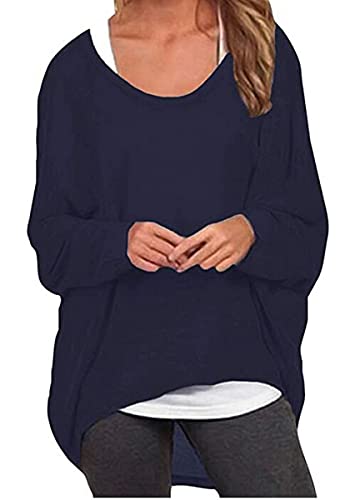 ZIOOER Damen Pulli Fledermausärmel T-Shirt Lose Asymmetrisch Jumper Bluse Langarmshirts Hemd Pullover Sweatshirt Oberteil Oversize Tops Marine M von ZIOOER