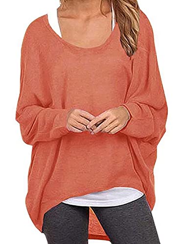 ZIOOER Damen Pulli Fledermausärmel T-Shirt Lose Asymmetrisch Jumper Bluse Langarmshirts Hemd Pullover Sweatshirt Oberteil Oversize Tops Orange 3XL von ZIOOER