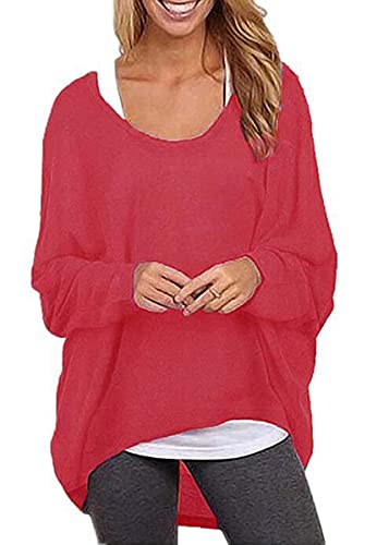ZIOOER Damen Pulli Fledermausärmel T-Shirt Lose Asymmetrisch Jumper Bluse Langarmshirts Hemd Pullover Sweatshirt Oberteil Oversize Tops Rot S von ZIOOER