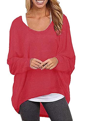 ZIOOER Damen Pulli Fledermausärmel T-Shirt Lose Asymmetrisch Jumper Bluse Langarmshirts Hemd Pullover Sweatshirt Oberteil Oversize Tops Rot XXL von ZIOOER