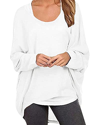 ZIOOER Damen Pulli Fledermausärmel T-Shirt Lose Asymmetrisch Jumper Bluse Langarmshirts Hemd Pullover Sweatshirt Oberteil Oversize Tops Weiß XL von ZIOOER