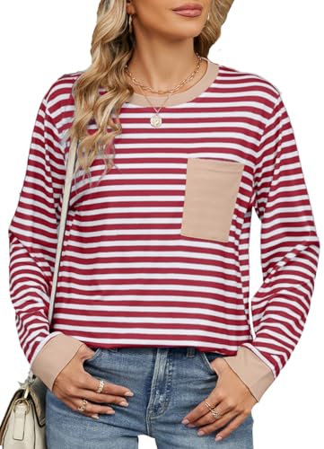 ZIOOER Damen Pulli Gestreift Tasche T-Shirt Lose Jumper Langarmshirts Hemd Pullover Sweatshirt Oberteil Shirt Tops Rot__Stripe XXL von ZIOOER