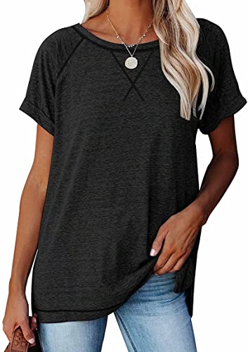 ZIOOER Damen T-Shirt Rundhals Kurzarm Oberteile Sommer Streifen Tshirt Locker Basic Tops Schwarz2 M von ZIOOER