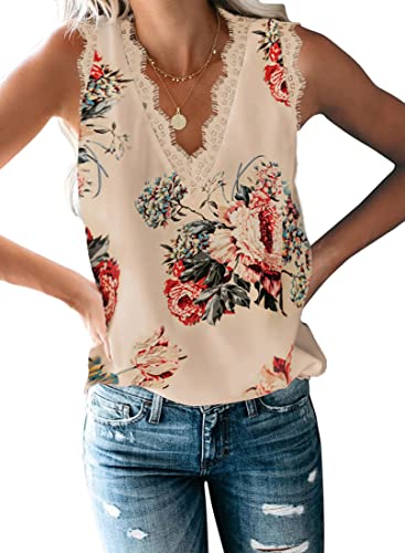 ZIOOER Damen Tank Top Sommer Ärmellose Chiffon Top Spitzen V-Ausschnitt Weste Top Casual Tops Bluse Aprikose2 M von ZIOOER