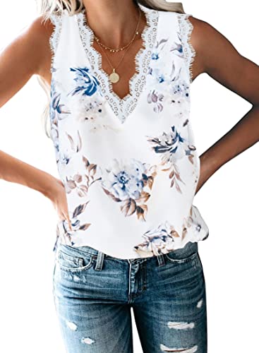 ZIOOER Damen Tanktop Sommer Chiffon Ärmellose Top Bluse Spitzen Elegant V-Ausschnitt T Shirt Tops Weiß2 XXL von ZIOOER