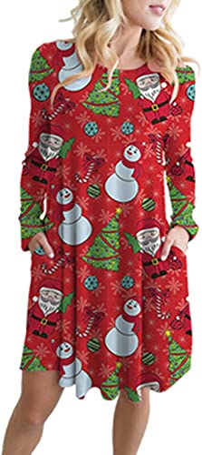 ZIOOER Damen Weihnachtskleid Xmas Langarm Lustig A-Linie Weihnachten Kleid Casual Weihnachten Kleid Rot XL von ZIOOER