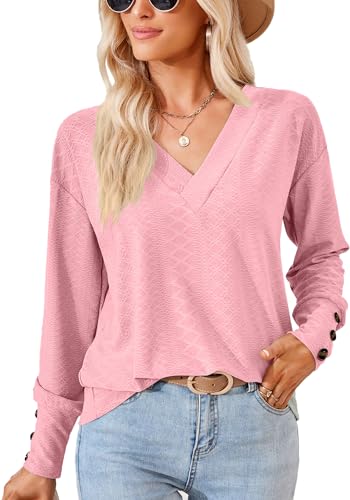 ZIOOER Langarmshirt Damen V-Ausschnitt Blusen Jacquard T-Shirts Elegant Oberteile Einfarbig Tops Hemd Rosa XL von ZIOOER