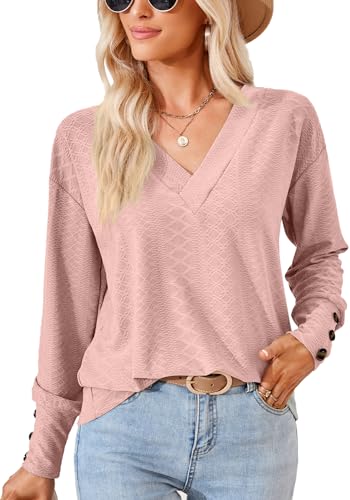 ZIOOER T Shirt Damen Elegant Langarm V-Ausschnitt Tops Einfarbig Jacquard Basic Oberteil Tunika Shirts Hellrosa XL von ZIOOER