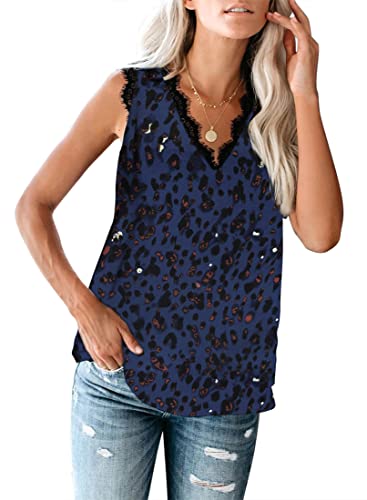 ZIOOER T Shirt Damen Sexy V-Ausschnitt Tank Top Tshirt Spitze Ärmellose Weste Strand Vest Tanktop Tops Leopard-Blau XXL von ZIOOER