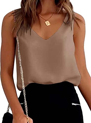 ZIOOER Tank Tops Damen V Ausschnitt Top Elegant Basic Oberteile Sommer Ärmellos Camisole Shirt Weste Khaki XXL von ZIOOER