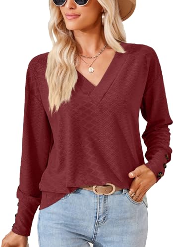 ZIOOER Tunika Damen Langarm Basic V Ausschnitt Tops Elegant Shirts Longshirt Oberteil Hemd Top Weinrot XXL von ZIOOER