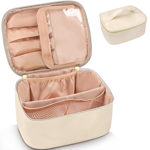 ZIOSINM Reise Kosmetiktasche Damen Groß Für Handtasche, 25 x 17 x 12 cm Make Up Tasche Bag Organizer Mit Fächern Und Bürstenfach Kulturtasche PU Leder Schminktasche, Portable Wasserdicht (Beige) von ZIOSINM